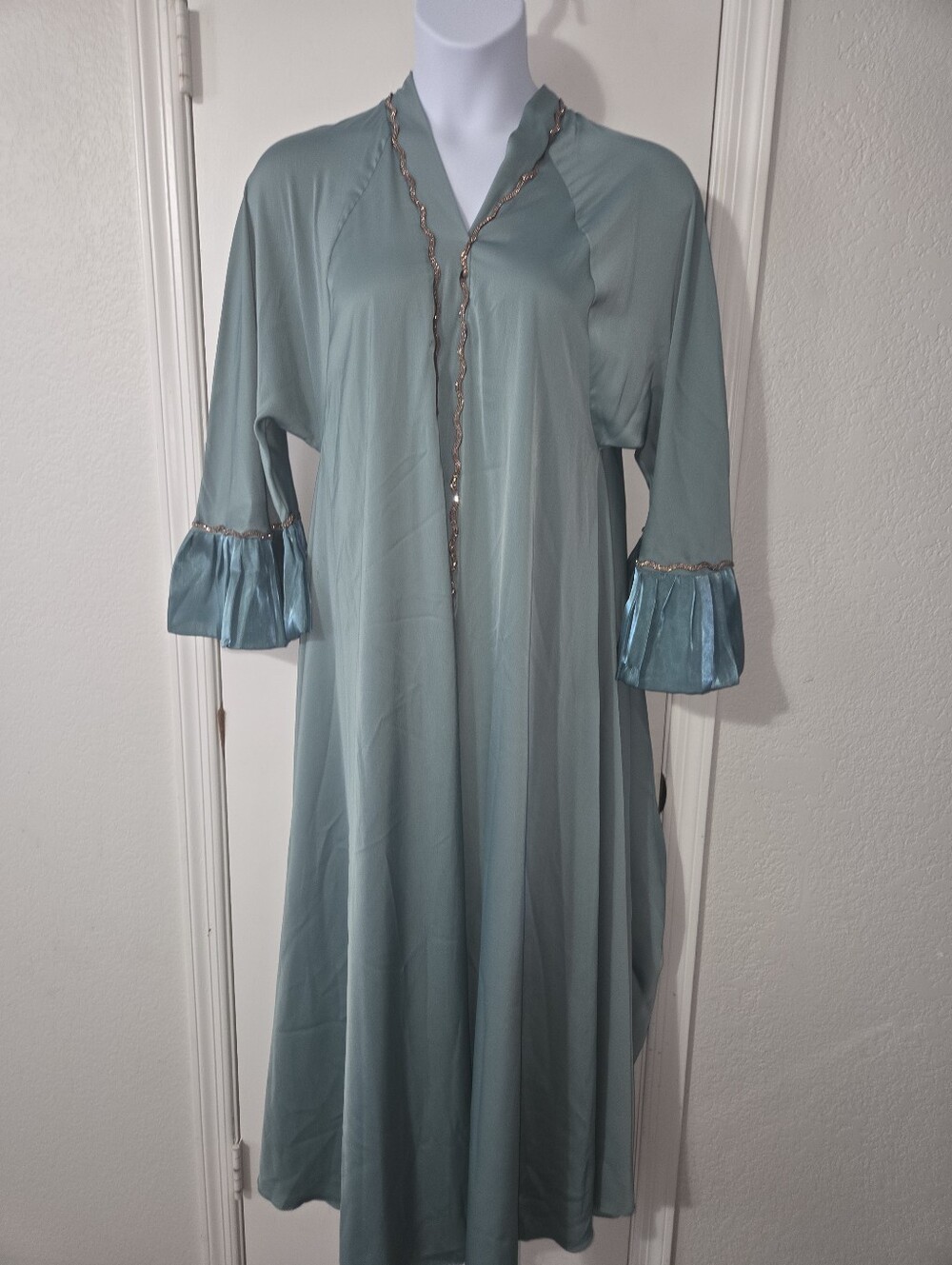 Elegant Seafoam Green Long Sleeve Women's Dress/Gown with Gold Trim